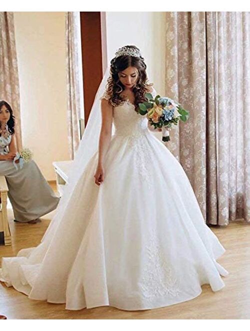 Elliebridal White Ivory Tulle Women's Bridal Ball Gown Lace Long A-line Wedding Dresses with Train for Bride 2021