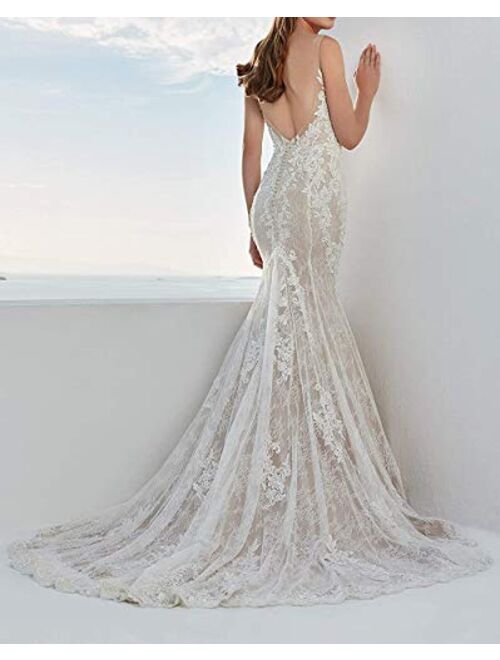 Solandia Plus Size Elegant Bridal Ball Gown Lace Beach Mermaid Wedding Dresses for Bride with Train