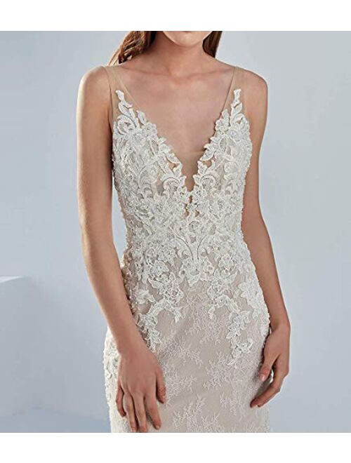 Solandia Plus Size Elegant Bridal Ball Gown Lace Beach Mermaid Wedding Dresses for Bride with Train