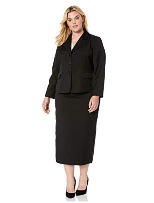 Le Suit Women's Plus Size Glazed Melange 3 Button Notch Collar Skirt Suit