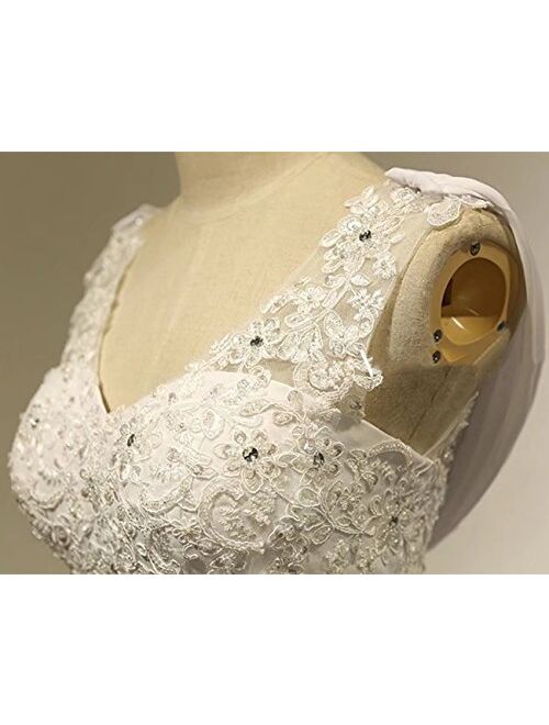 Rudina Women's A-Line V Neck Chiffon Beaded Lace Custom Wedding Dresses with Appliques Button Design