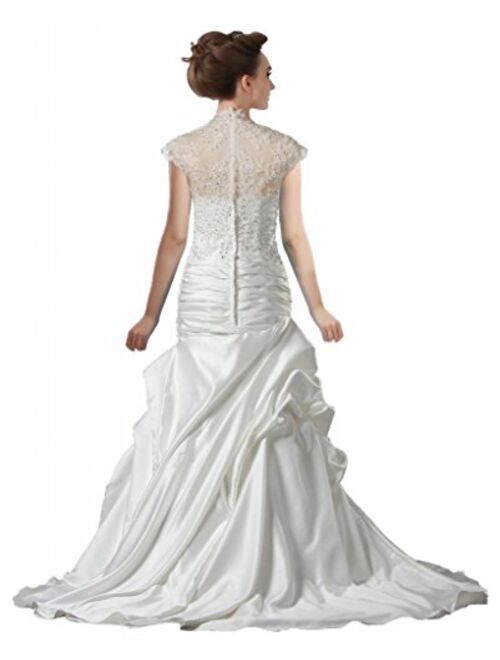 ANTS Women's Ruched Satin Lace A Line Bridal Gown Cap Sleeve