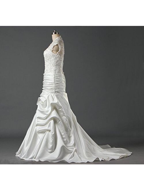 ANTS Women's Ruched Satin Lace A Line Bridal Gown Cap Sleeve