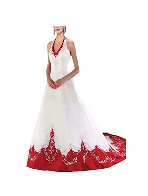 Chady White and Red Wedding Dress for Bride 2021 Halter Neck Embroidery A-line Floor Length Bridal Gown