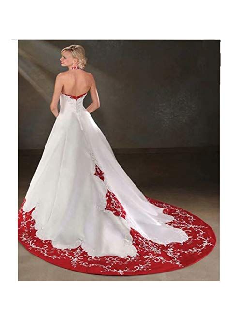 Chady White and Red Wedding Dress for Bride 2021 Halter Neck Embroidery A-line Floor Length Bridal Gown