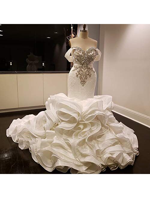 Elliebridal Beaded Rhinestones Women's Bridal Ball Gown Organza Mermaid Wedding Dresses with Ruffles Train for Bride