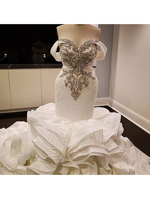 Elliebridal Beaded Rhinestones Women's Bridal Ball Gown Organza Mermaid Wedding Dresses with Ruffles Train for Bride