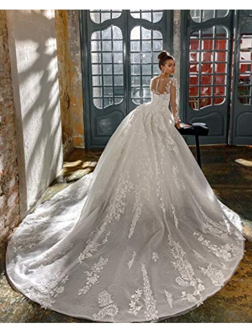 Elliebridal Princess Women's Bridal Ball Gown Long Sleeves Lace Wedding Dresses with Tulle Train for Bride Plus Size