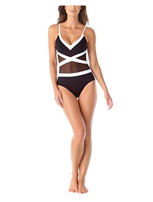 Anne Cole Women's Mesh Spliced Over The Shoulder Sexy One Piece Swimsuit