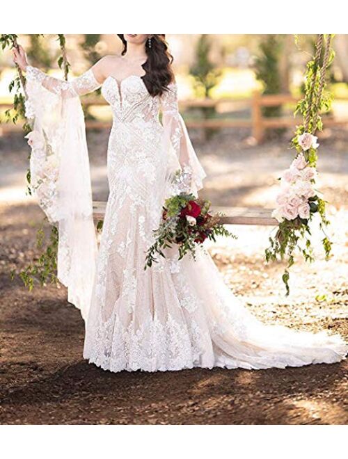 Plus Size Sweetheart Lace Wedding Dresses for Bride with Long Sleeves Boho Off Shoulder Bridal Ball Gown