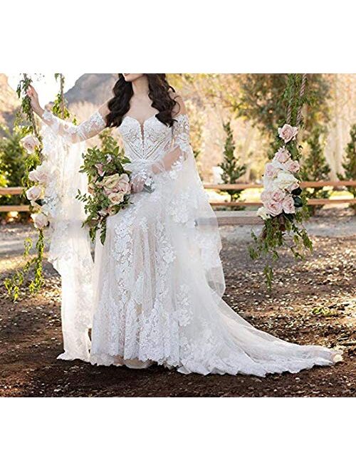 Plus Size Sweetheart Lace Wedding Dresses for Bride with Long Sleeves Boho Off Shoulder Bridal Ball Gown