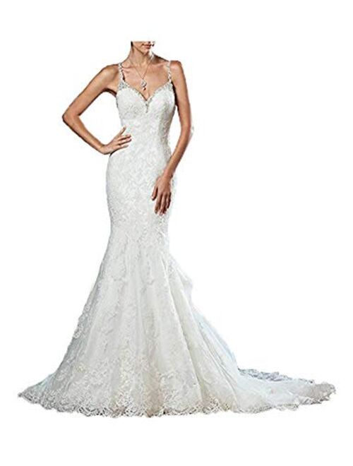 Melisa Women's Spaghetti Strap Lace Sequins Mermaid Wedding Dress for Bride with Train Tulle Long Bridal Ball Gowns