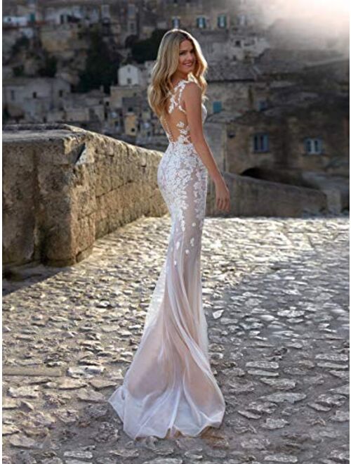Melisa Illusion Lace Beach Mermaid Wedding Dresses for Bride with Detachable Train Long Bridal Ball Gown Plus Size