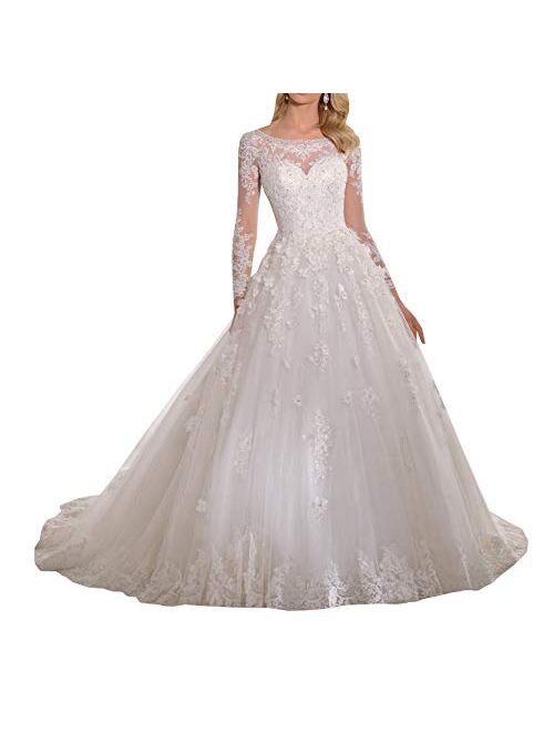 Melisa Women's Elegant Long Sleeve Lace Beaded Wedding Dress with Train Bridal Ball Gown Plus Size