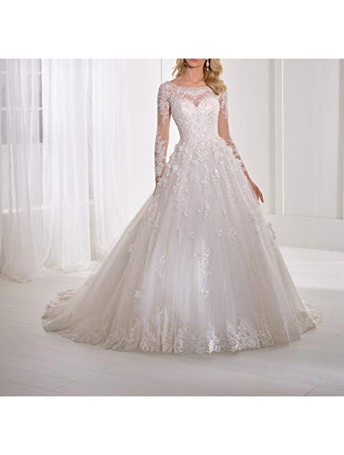 Melisa Women's Elegant Long Sleeve Lace Beaded Wedding Dress with Train Bridal Ball Gown Plus Size