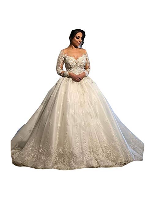 Melisa Women's Long Sleeves Corset Bridal Gowns Plus Size Train Lace up Sequins Wedding Dresses for Bride