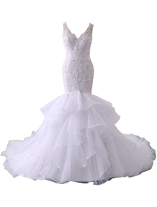 Women's Corset Lace Beaded Wedding Dresses for Bride 2021 Ruffles Train Mermaid Bridal Ball Gown