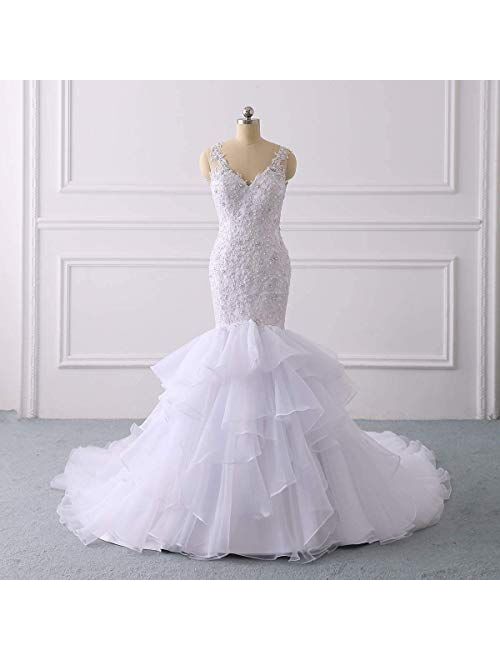 Women's Corset Lace Beaded Wedding Dresses for Bride 2021 Ruffles Train Mermaid Bridal Ball Gown