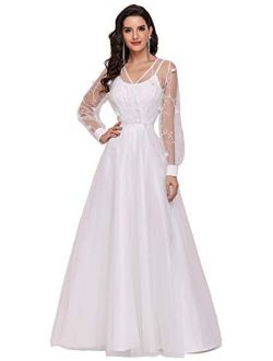 Womens V Neck Long Sleeve Tulle A Line Simple Wedding Dress 0242