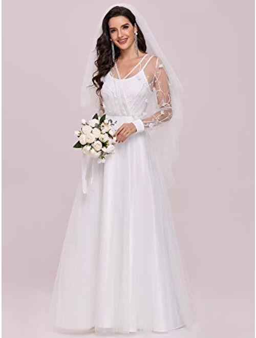 Ever-Pretty Womens V Neck Long Sleeve Tulle A Line Simple Wedding Dress 0242