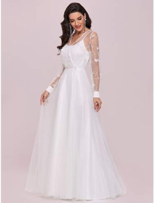 Ever-Pretty Womens V Neck Long Sleeve Tulle A Line Simple Wedding Dress 0242