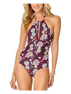 Women's Shirred Front Keyhole Highneck One Piece Swimsuit