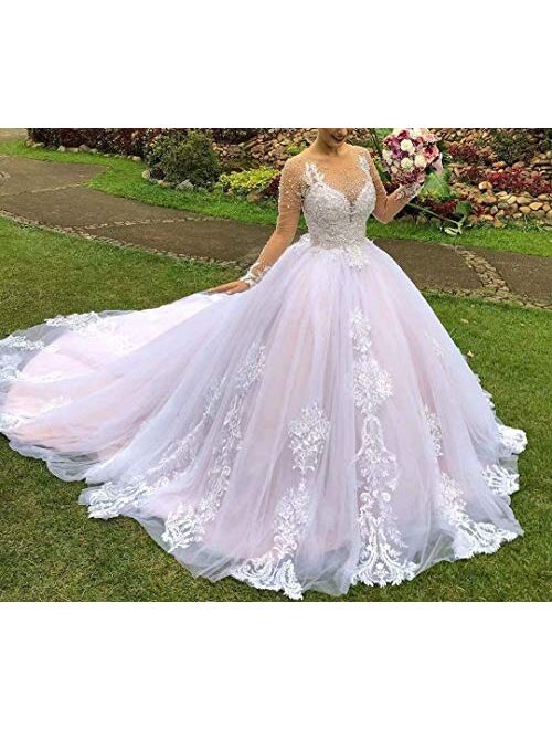 Women's Illusion Long Sleeve Wedding Dresses for Bride with Train Lace Beaded Bridal Ball Gown
