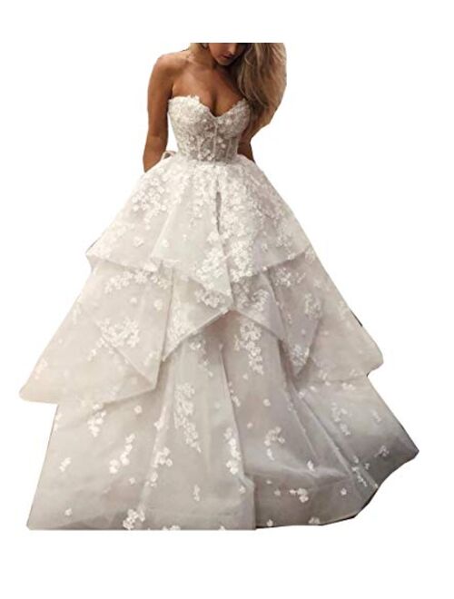 Women's Strapless Lace 3D Applique Tiered Wedding Dresses for Bride with Train Bridal Ball Gown