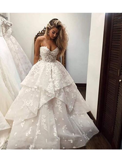 Women's Strapless Lace 3D Applique Tiered Wedding Dresses for Bride with Train Bridal Ball Gown