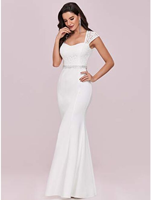 Ever-Pretty Lace Crystal Cap Sleeve V Neck Beading Mermaid Wedding Dress for Party 0218