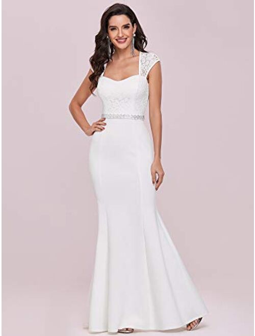 Ever-Pretty Lace Crystal Cap Sleeve V Neck Beading Mermaid Wedding Dress for Party 0218