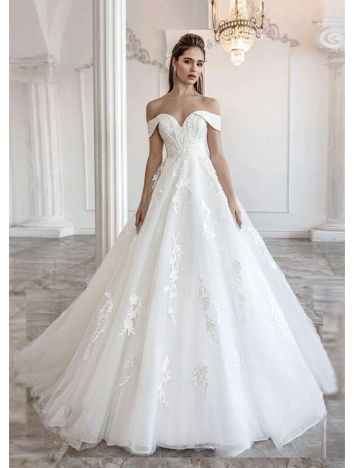 ONLYCE Womens Elegant Strapless Applique A Line Tulle Floor Length Wedding Dress 