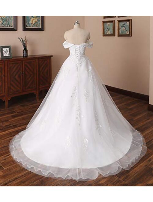 Lace Train Wedding Dress for Bride Aline Applique Bride Dress Long Tulle Off Shoulder Strapless