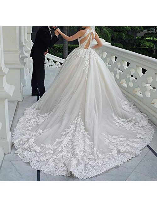 Melisa Women's High Neck Lace Beaded Wedding Dresses for Bride with Train Elegant Princess Bridal Ball Gowns