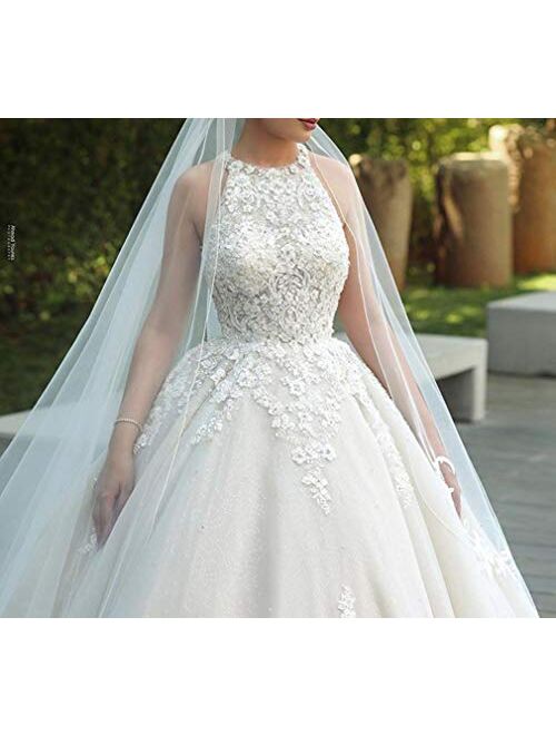 Melisa Women's High Neck Lace Beaded Wedding Dresses for Bride with Train Elegant Princess Bridal Ball Gowns