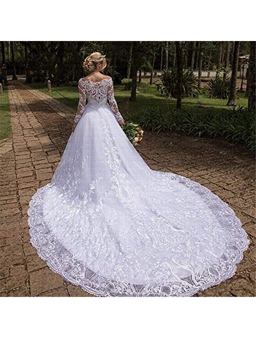 Women's Illusion Sweetheart Long Sleeve Lace Sequins Wedding Dresses for Bride with Train Tulle Bridal Ball Gowns