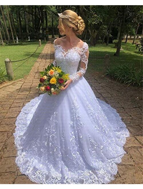Women's Illusion Sweetheart Long Sleeve Lace Sequins Wedding Dresses for Bride with Train Tulle Bridal Ball Gowns