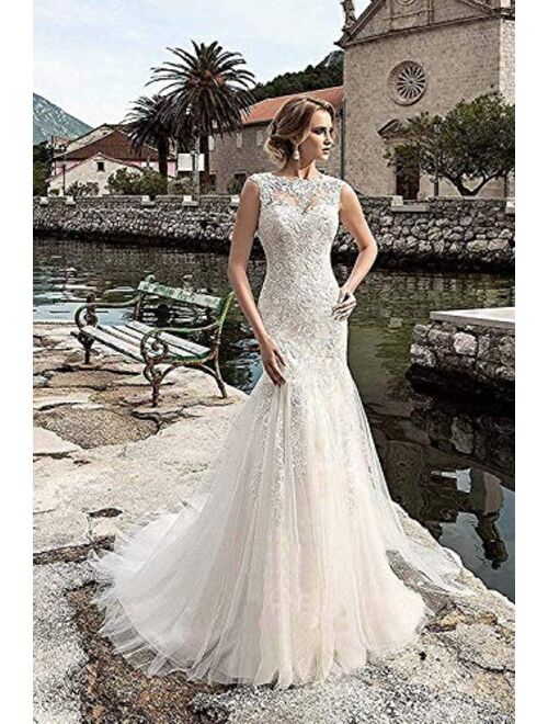Melisa Women's Beach Mermaid Wedding Dresses for Bride with Train Lace Bridal Ball Gown Plus Size