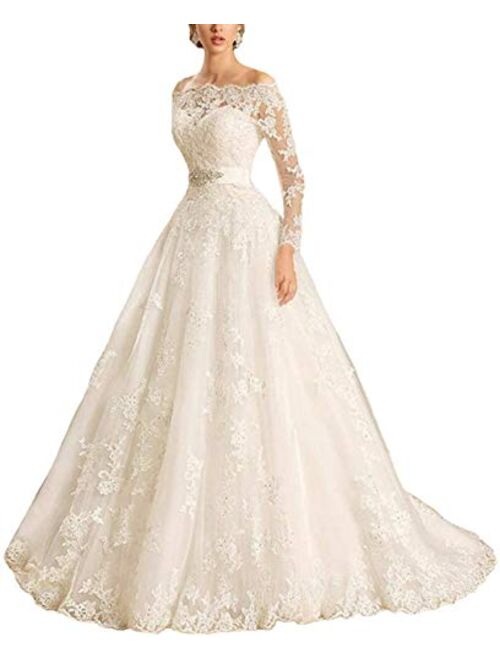 Melisa A-Line Long Sleeves Lace Off The Shoulder Wedding Dresses for Bride Bridal Ball Gowns with Train