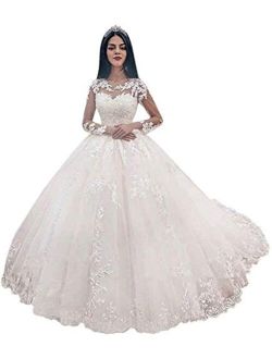 Melisa A-Line Long Sleeves Lace Applique Ball Gowns with Train Beach Wedding Dresses for Women Plus Size