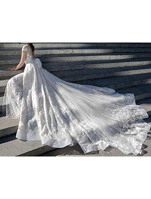 Women's Illusion Short Sleeves Lace Beach Mermaid Wedding Dresses for Bride with Detachable Train Bridal Ball Gowns
