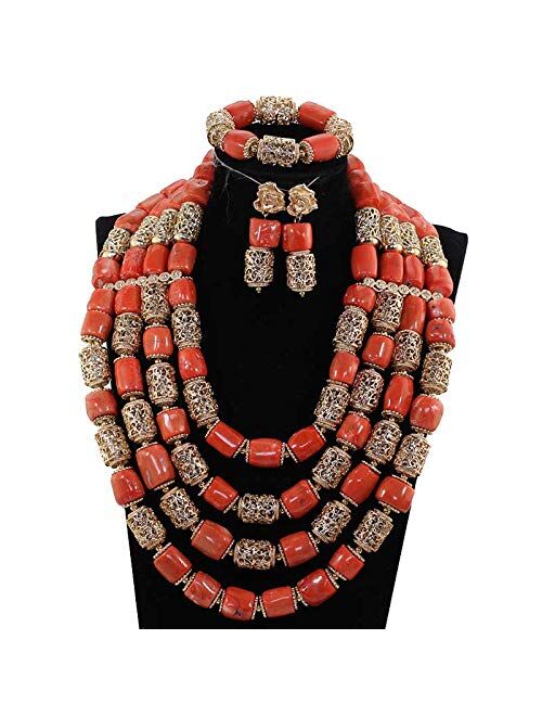 Luxury 4 Layers Real Nigerian Coral Beads Jewelry Set Big Coral Bead Heavy Bold Statement Bridal Necklace Set