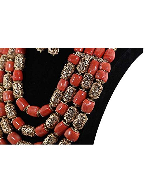 Luxury 4 Layers Real Nigerian Coral Beads Jewelry Set Big Coral Bead Heavy Bold Statement Bridal Necklace Set