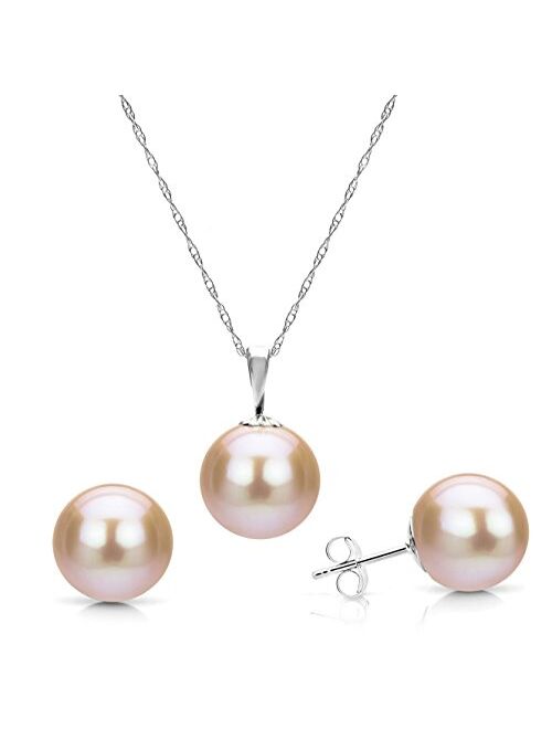 14K Gold Studs Pendant Necklace Chain Cultured Freshwater Pink Pearl Earrings Set Jewelry for Women