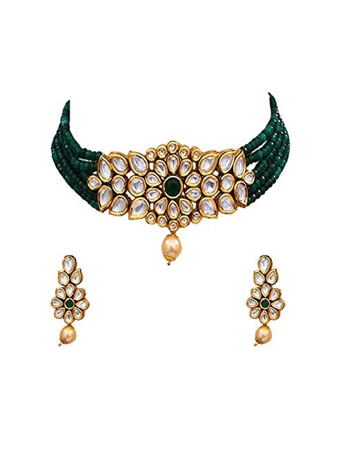 Gemsonclick Indian Traditional Choker Necklace Earrings Set Gold Plated Kundan Stone Handcrafted Fashion Jewellery for Women Girls