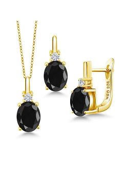18K Yellow Gold Plated Silver Pendant Earrings Set Oval Black Sapphire and Forever Classic Created Moissanite 0.06ct (DEW) by Charles & Colvard