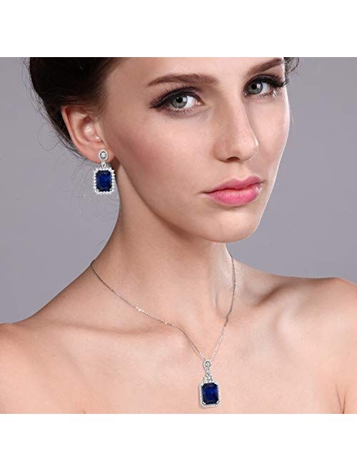 Gem Stone King 31.10 Ct Octagon Blue Simulated Sapphire 925 Silver Pendant Earrings Set