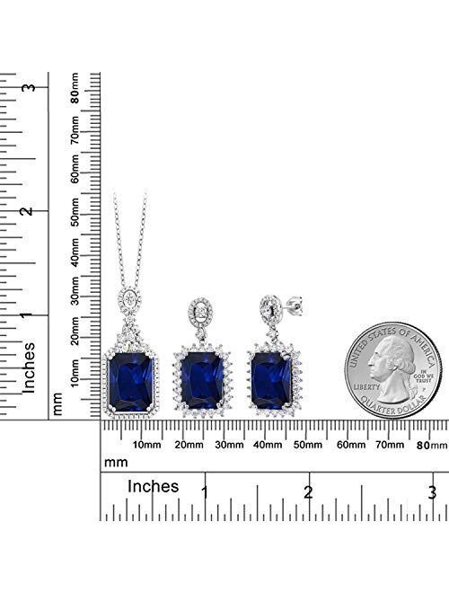 Gem Stone King 31.10 Ct Octagon Blue Simulated Sapphire 925 Silver Pendant Earrings Set