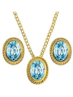 Gem Stone King 3.75 Ct Oval Blue Zircon 18K Yellow Gold Plated Silver Pendant Earrings Set