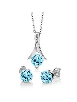 Gem Stone King 2.51 Ct Round Blue Apatite White Diamond 925 Silver Pendant Earrings Set